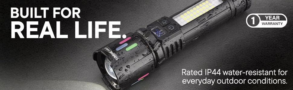 Built for real life. Rated IP44 water-resistant for everyday outdoor conditions. 1-year warranty.