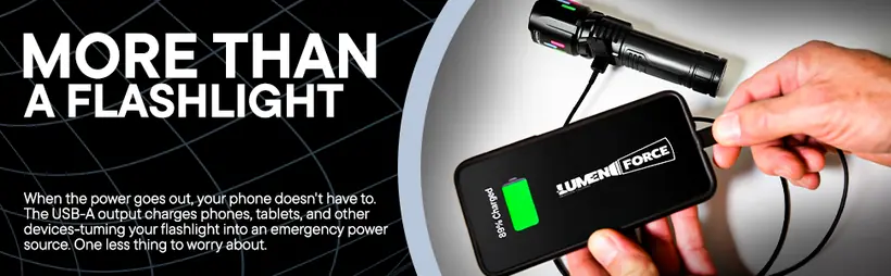 The Lumen Force flashlight charging a phone to 89 percent through its USB-A output, working as an emergency power bank.