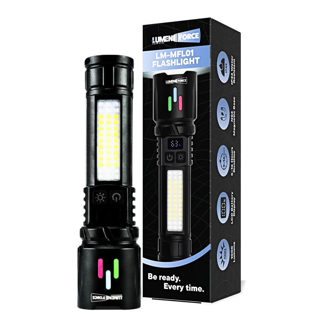 Lumen Force LM-MFL01 flashlight beside its retail box, showing IP44 water resistance, N54 magnetic base, LCD battery display, 1000 lumens, and 5-16 hour runtime