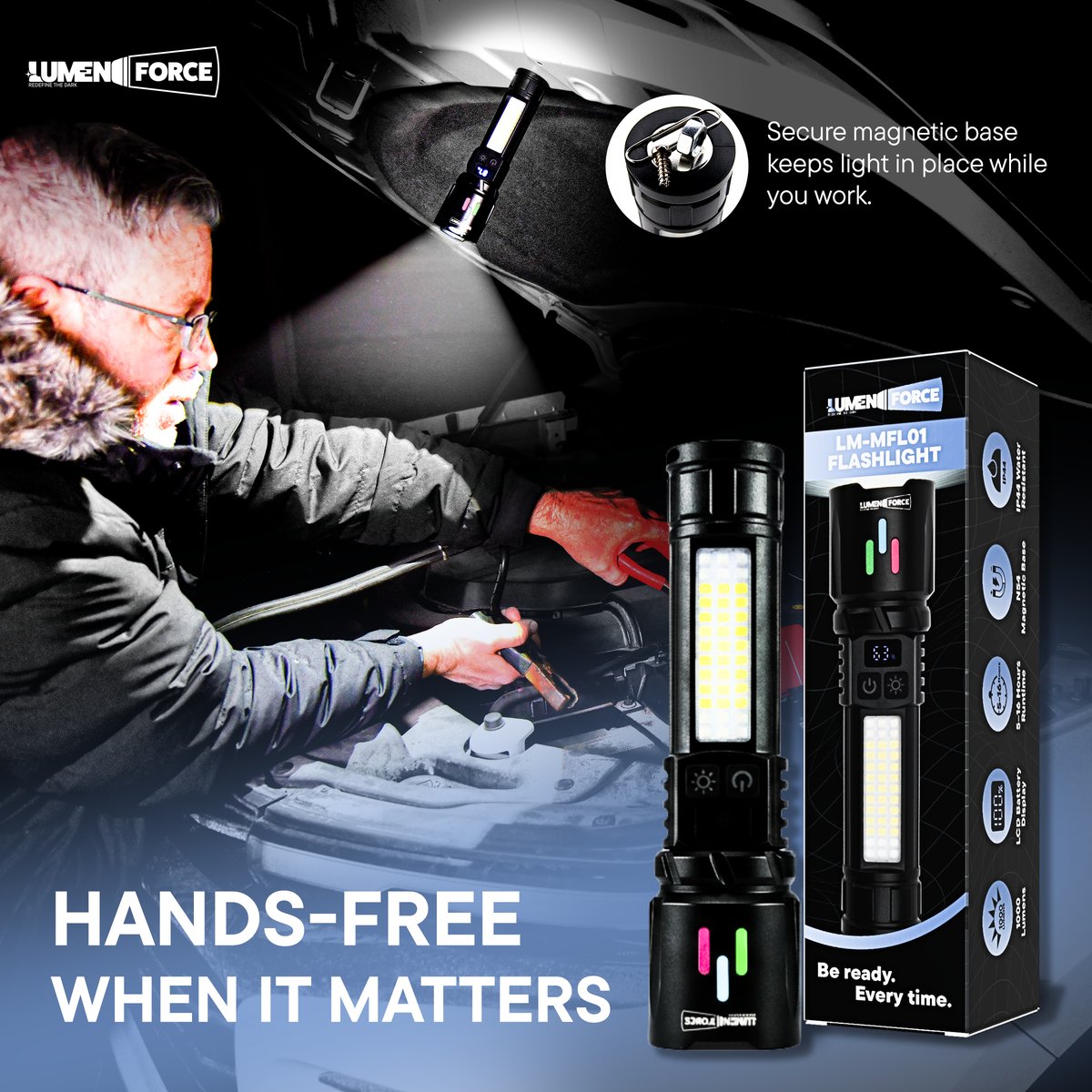 Lumen Force flashlight held in place by its N54 magnetic base during auto repair, rated IP44 water-resistant with 5 to 16 hours of runtime
