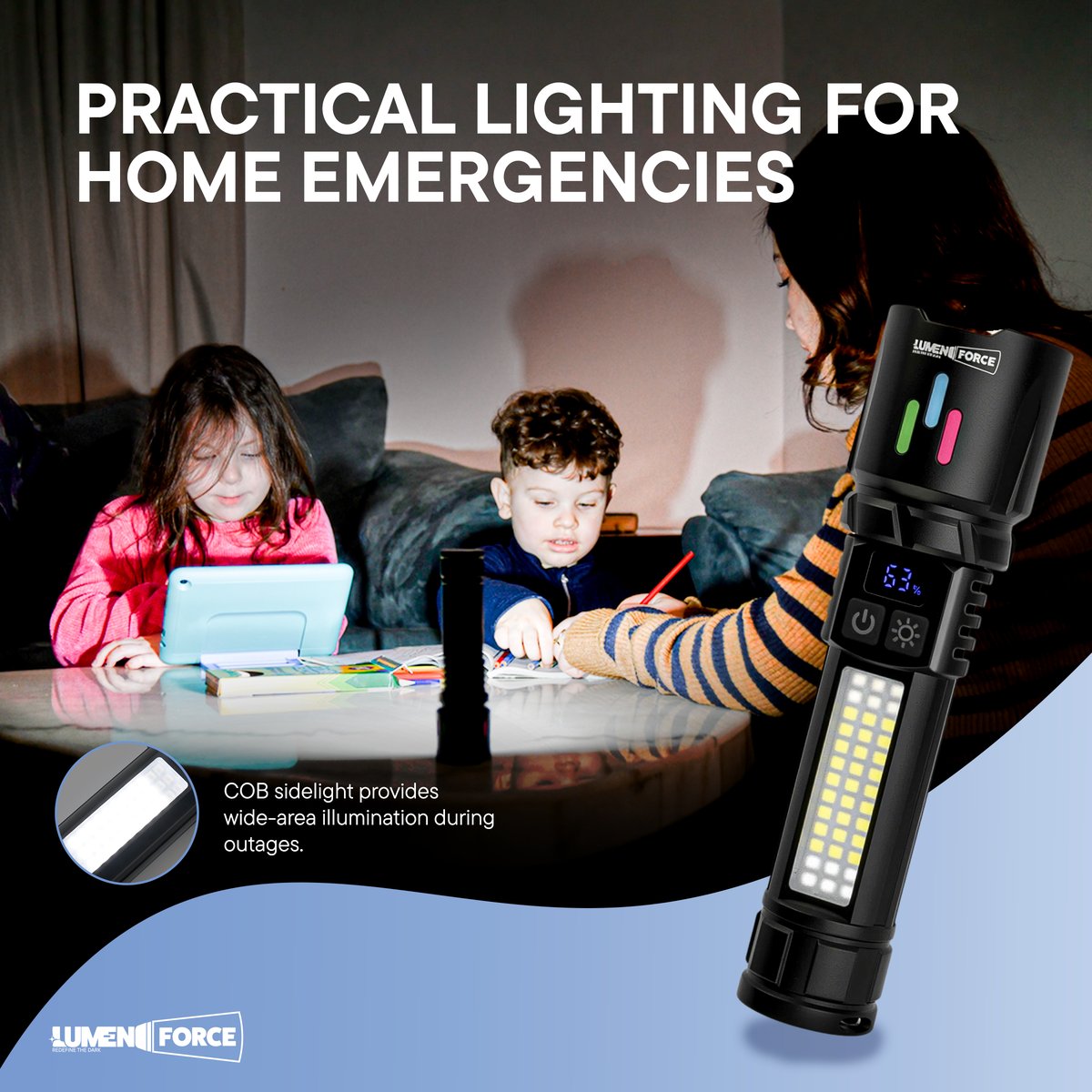 Lumen Force flashlight providing wide-area COB sidelight for a family during a home power outage