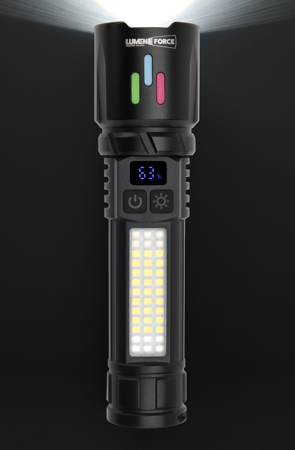 Lumen Force flashlight throwing a bright focused beam into the dark